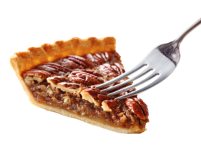 A tempting slice of pecan pie, ready to be enjoyed with a fork.