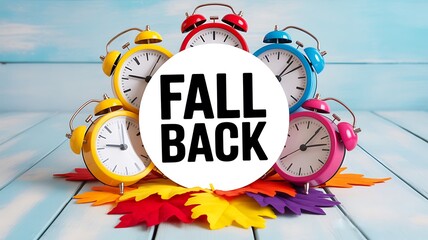 Photo of multiple fall back alarm clocks surrounded by colorful autumn leaves on a blue wooden surface