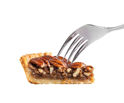 A tempting slice of pecan pie with a fork, ready to be enjoyed. - Powered by Adobe