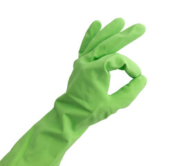 hand in green rubber glove showing OK sign isolated on white background