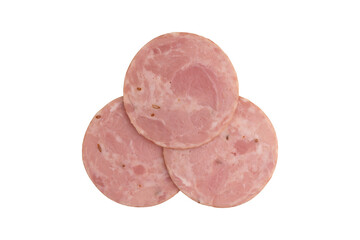 round piece of ham isolated on white background, top view