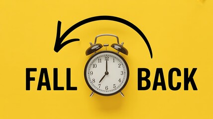 Photo of a vintage alarm clock displaying fall back with a directional arrow, signifying the end of daylight saving time, on a bright yellow backdrop
