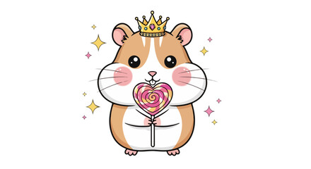 Whimsical Hamster Vector Illustration with Crown and Lollipop