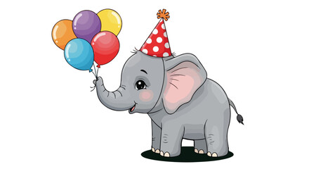 Cute baby elephant with balloons and birthday hat vector illustration © Mr.atungs