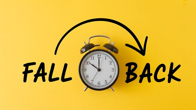 Photo of a vintage alarm clock with the words fall back and an arrow indicating the change in time for daylight saving, set against a vibrant yellow background