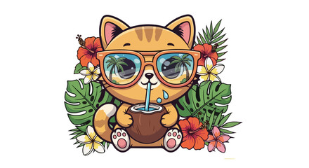 VECTOR Kucing Santai A Playful Cat Enjoying a Coconut Drink in a Tropical Paradise
