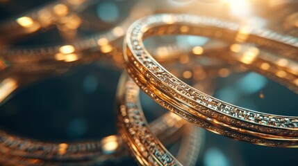 Sparkling gold rings, close-up, dark background, luxury jewelry