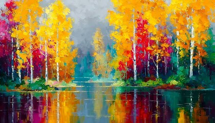 Oil painting colorful autumn trees. Semi abstract image of forest, aspen trees with yellow - red leaf and lake. Autumn, Fall season nature background. Hand Painted Impressionist, outdoor landscape