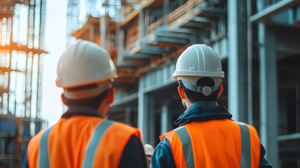 Two construction workers in safety gear observing a building site with cranes and scaffolding