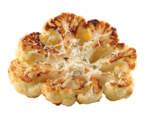 A beautifully roasted cauliflower steak topped with grated cheese, ready to eat.