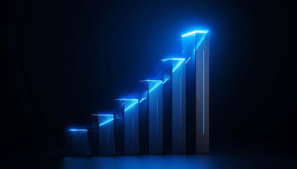 Futuristic glowing 3D bar chart with rising growth trend in neon blue light