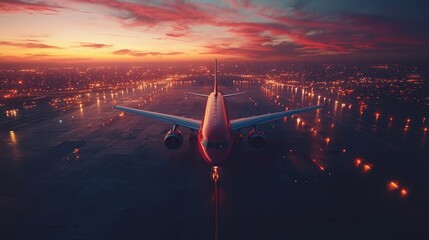 Sunset Takeoff: A Breathtaking Aerial View of an Airplane Ascending over a City at Dusk
