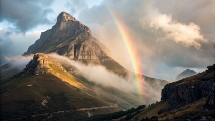 Mountain Peak with Glowing Light Rays and a Rainbow
Majestic Landscape with a Rainbow Over a Misty Mountain
Magical Scene of a Mountain Peak and Sunlight