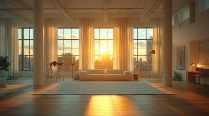 Obraz premium Sunset view from loft apartment living room