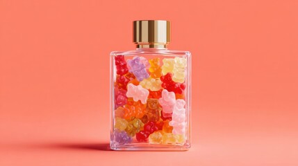 a bottle of gummy bears on a pink background
