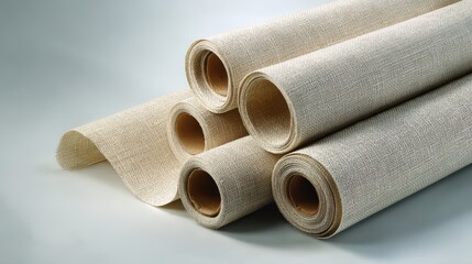 Close up of natural woven linen fabric with a textured surface and soft folds.