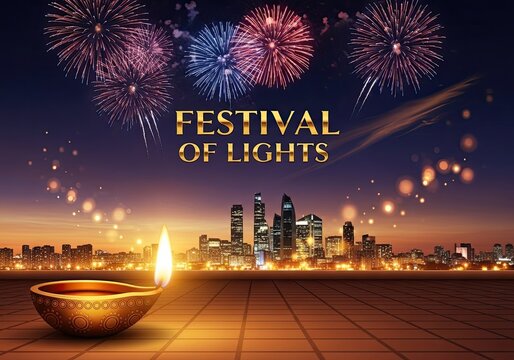 Photo of diwali festival of lights with glowing diya, fireworks, and city skyline at dusk for a festive and modern indian holiday celebration
