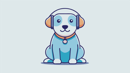 Happy cartoon dog wearing headphones at home