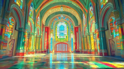 Obraz premium Colorful cathedral interior, stained glass, sunlight, peaceful atmosphere, fantasy architecture, religious setting, spiritual, meditation, illustration