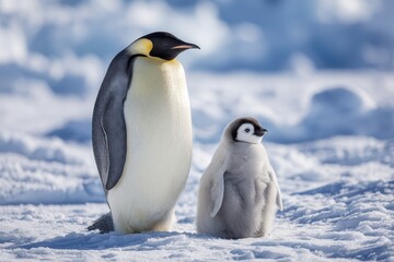 Emperor penguin stands tall with chick on Snow Hill Island in Wedde during the harsh Antarctic winter season