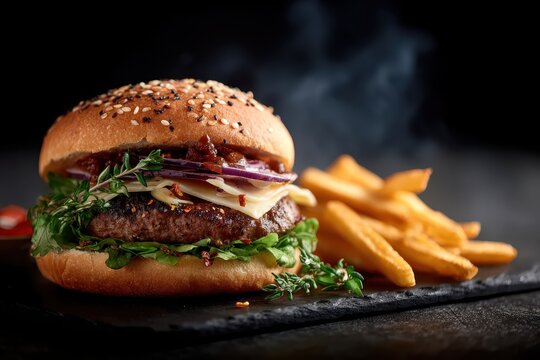 Juicy hamburger topped with fresh vegetables and crispy bacon served alongside golden french fries on a dark slate plate