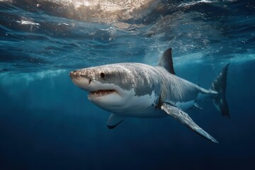 Fototapeta premium Great white shark swimming gracefully in the blue waters of the ocean showcasing its powerful form beneath the surface