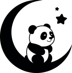Cute Panda Bear Sitting on a Crescent Moon Under the Stars Peaceful Night Illustration for Childrens Designs and Decor Black and White Vector