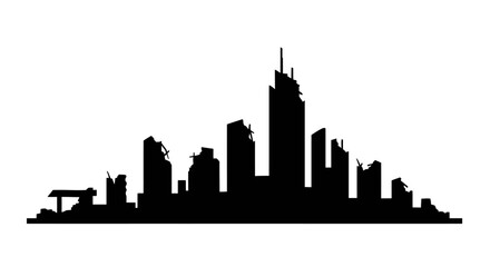 Fototapeta premium Devastated City Skyline in Black Silhouette Style Post Apocalyptic Urban Landscape with Ruined Buildings and Skyscrapers silhouette