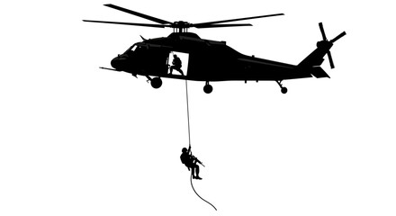 Military Helicopter with Soldiers Fast Roping Black and White Silhouette Special Forces Operation with Rope Descent from Aircraft silhouette