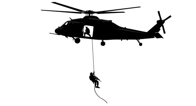 Military Helicopter with Soldiers Fast Roping Black and White Silhouette Special Forces Operation with Rope Descent from Aircraft silhouette