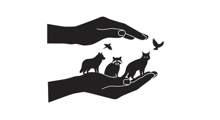 Wildlife Conservation Concept with Hands Protecting Animals in Silhouette Style Featuring Wolf Raccoon Lynx and Birds silhouette