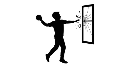 Mischievous Boy Throwing Ball Breaking Window Silhouette Depicting Childhood Rebellion and Recklessness Rendered in a Striking Silhouette Style