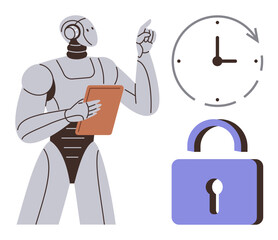 Robot holding clipboard gesturing near clock and lock symbolizing automation, AI, efficiency, and cybersecurity. Ideal for technology, innovation, security, time management, robotics automation