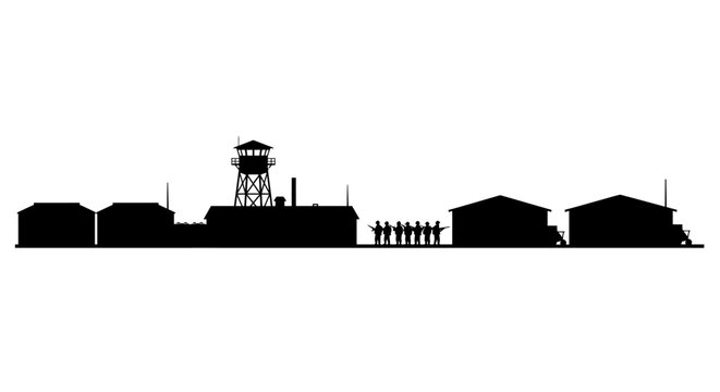 Prison Camp with Guard Tower and Soldiers Silhouette Style Illustration Depicting a Stark and Ominous Scene silhouette