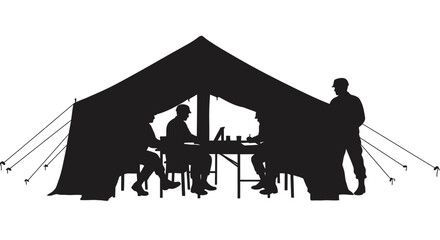 Military Personnel Working Inside Tent Silhouette Soldiers in silhouette are depicted working at a table inside a tent showcasing teamwork © mrvect02