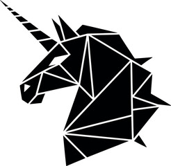 Geometric Unicorn Head Illustration in Black and White Polygon Art Style Modern Design for Logo and Graphic Elements Animal Symbol