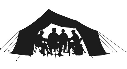 Military Personnel Meeting Under Tent Silhouette Depicting Teamwork Strategy and Planning in a Stylized Silhouette Format © mrvect02
