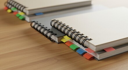 Stacked notebooks with colorful sticky notes