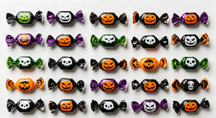 Array of halloween candies with pumpkin and skull faces in colorful wrappers on a white background