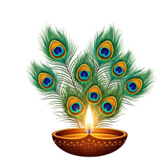 Obraz premium Lit Diya Lamp with Multiple Peacock Feathers and PNG file isolated on white transparent background hd file download.