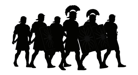 Marching Roman Legionaries with Shields in Silhouette Style Depicted Against a White Background Showcasing Ancient Military Might silhouette
