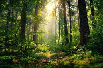Obraz premium Sunlight filtering through a lush green forest illuminating the vibrant flora and creating a peaceful atmosphere in a natural setting