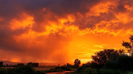 Obraz premium Dramatic Fiery Sunset Sky with Approaching Rain Shower Over a Calm River