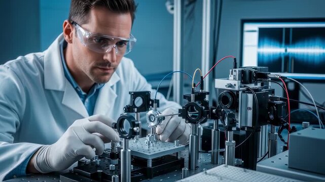 Laboratory technician adjusting optical components within an interferometer system for accurate mirror surface profilometry.