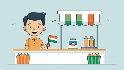 Young vendor at a colorful food stall with flags