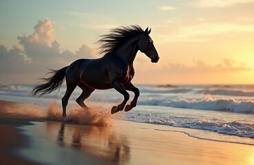 Fototapeta premium Powerful black horse gallops along beach at sunset. Sunlight reflects on sea and sand as horse mane and tail flow. Water splashes, creating energy and sense of freedom.