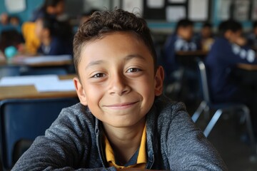 Smiling hispanic boy enjoys learning in a vibrant classroom during school hours while interacting with classmates and engaging in activities