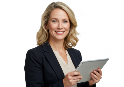 Smiling woman holding a tablet isolated on transparent background - Powered by Adobe