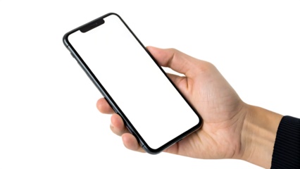 One hand holding mobile phone screen mockup isolated on white background PNG. AI GENERATED.
