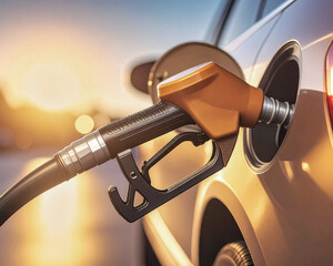 Gaz pump nozzle in a vehicle  fuel tank image in golden tones